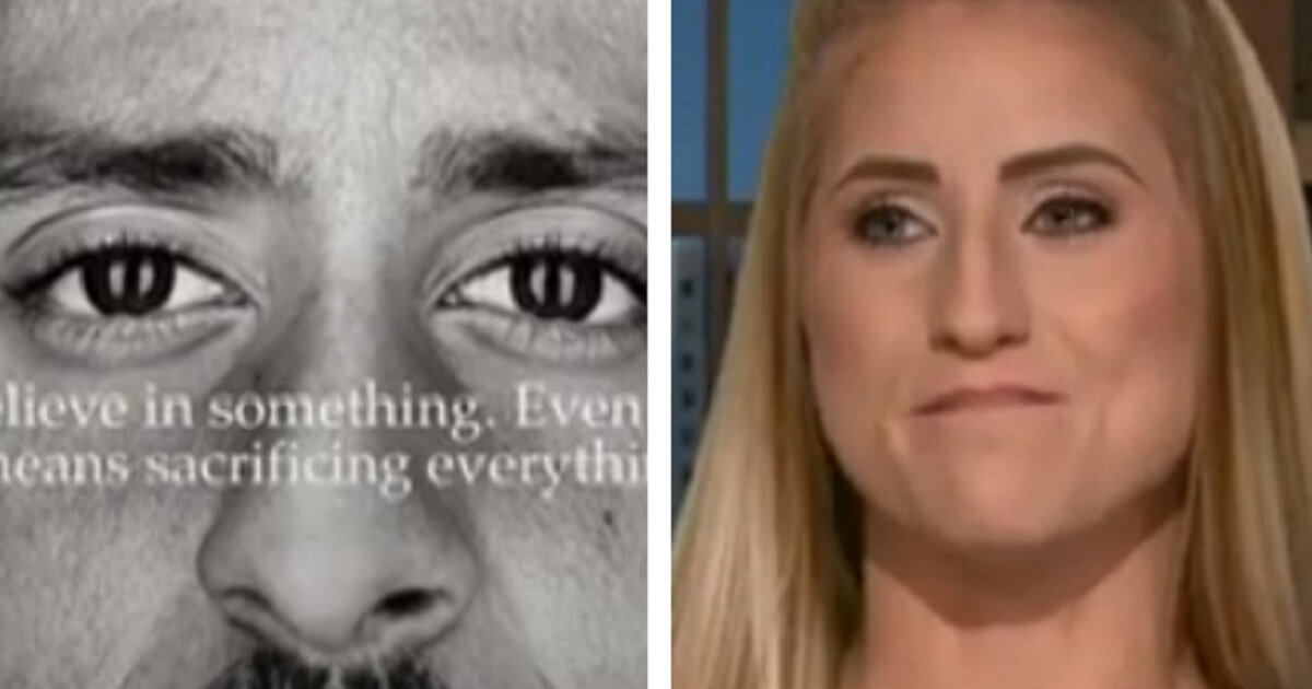 Brittany Jacobs, right, with Kaepernick advertisement, left.