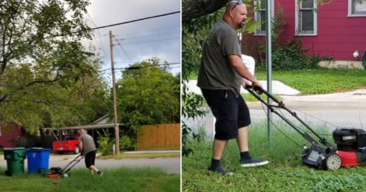 A woman in Texas shared this photo of her dad mowing her mother's lawn, even though the two have been divorced for nearly 30 years.