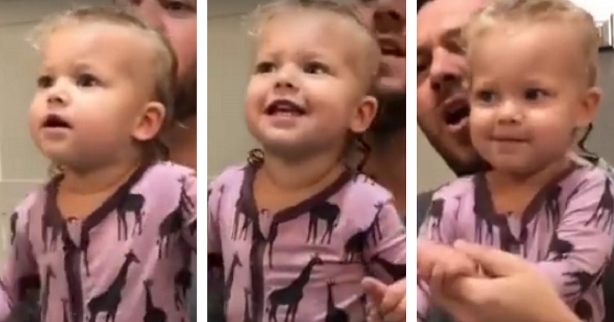 Three pictures of little girl singing with her father