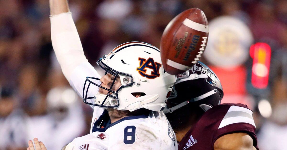 Mississippi State's Montez Sweat (9) forces Auburn quarterback Jarrett Stidham (8) to fumble as he attempts to pass during the second half of their NCAA college football game Saturday.