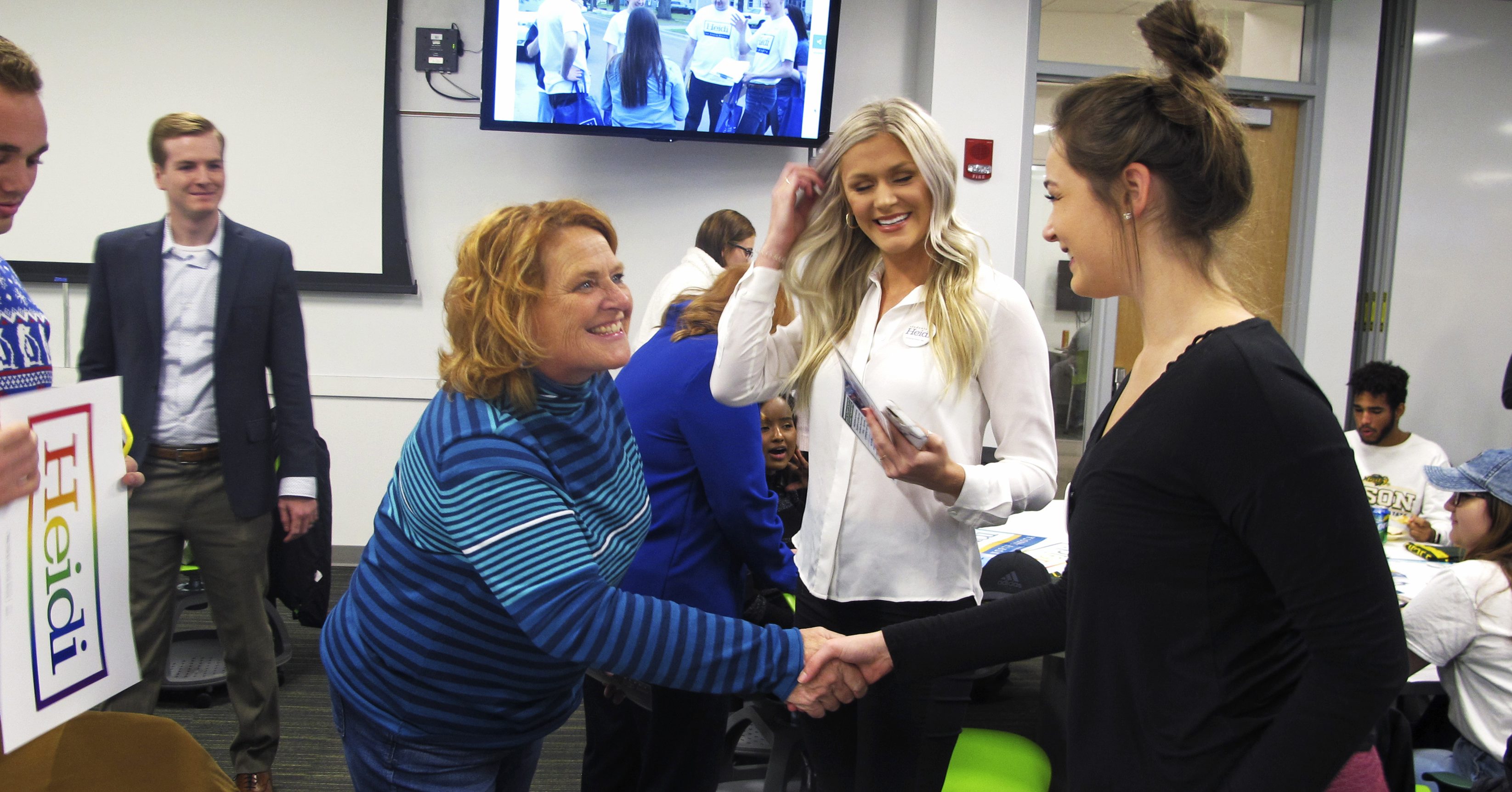 U.S. Sen. Heidi Heitkamp talks to North Dakota State University students during a campaign even