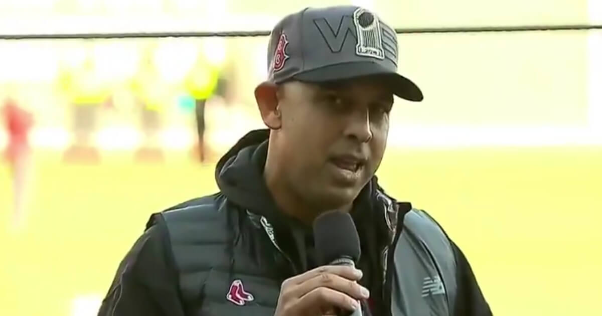 Red Sox manager Alex Cora speaks during the team's World Series victory celebration.