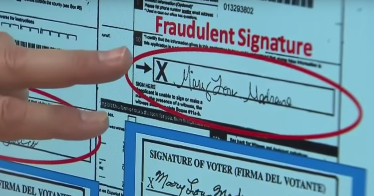 A fraudulent signature is shown in a report on ballot fraud arrests in Texas.