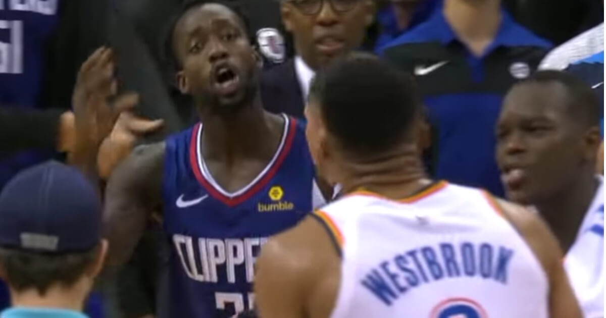 Patrick Beverley, left, of the Clippers and Russell Westbrook of the Thunder exchange words during Tuesday night's game in Oklahoma City.