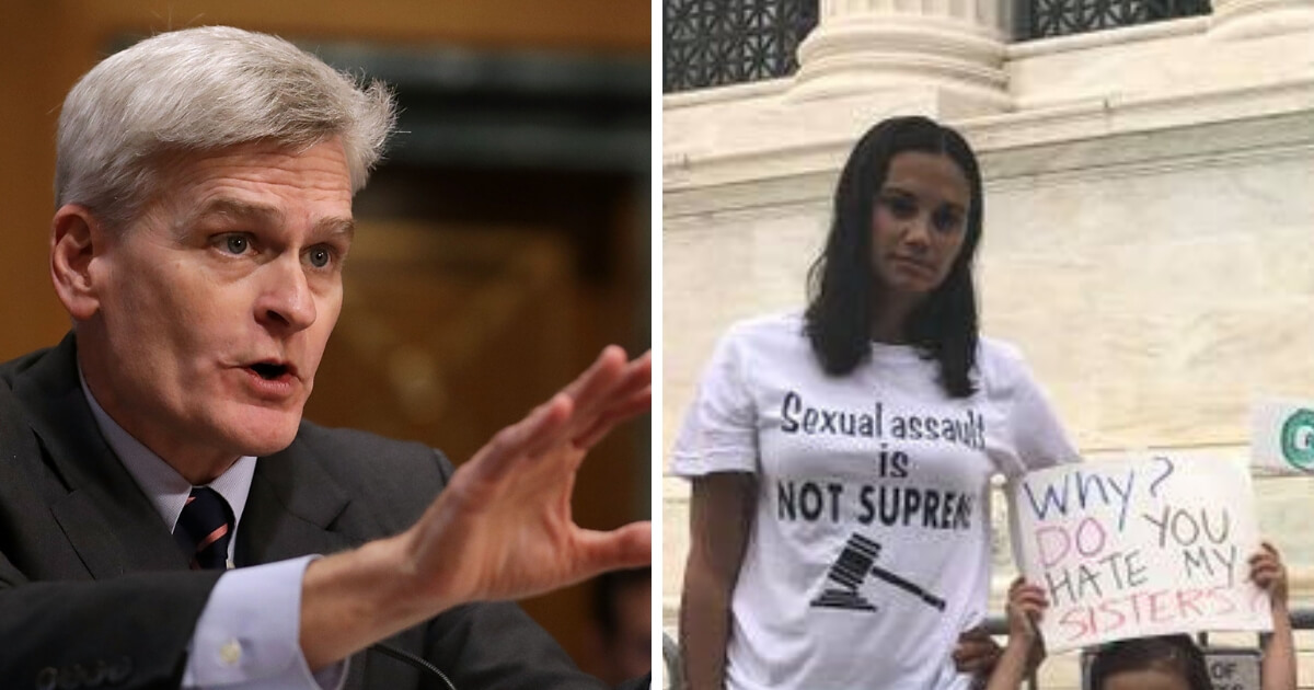 Republican Sen. Bill Cassidy of Louisiana, left, and protester Alethea Torrellas Shapiro.