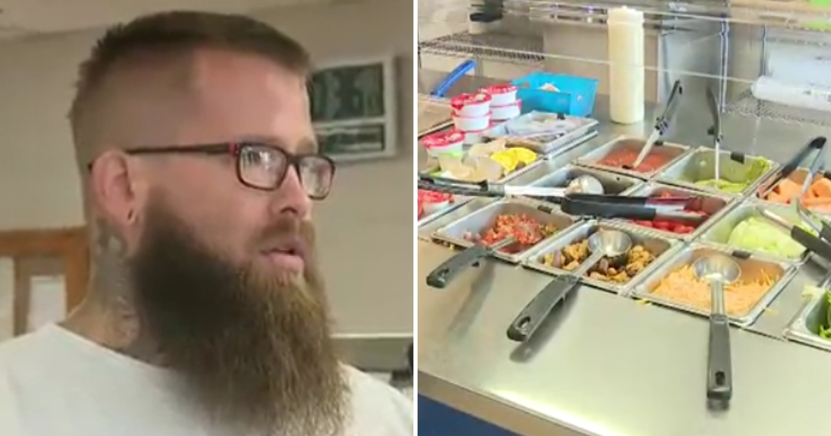 Man with a beard talking, left, school lunches, right.