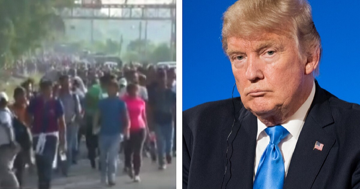 Migrants part of the caravan, left; President Donald Trump, right.
