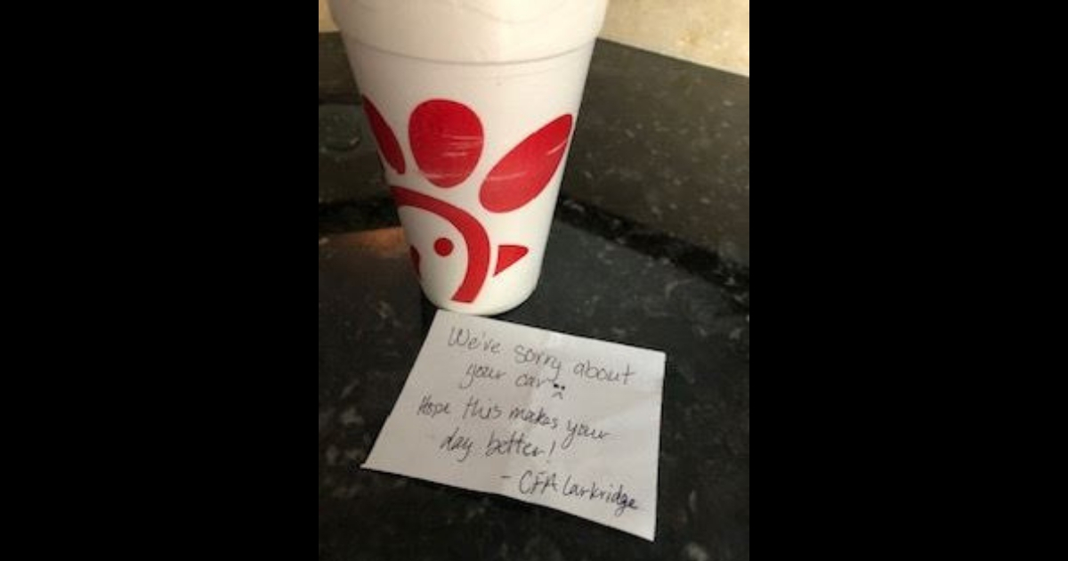 Chick-fil-A cup with an apology note.