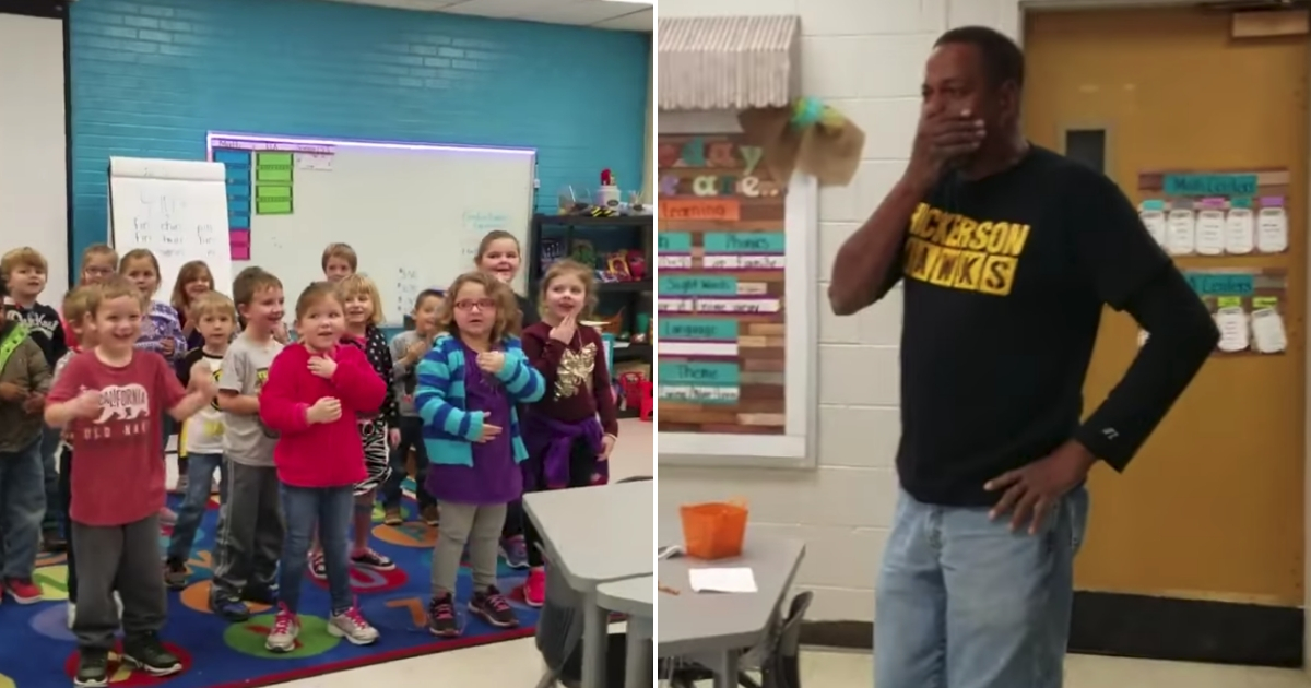 Children use sign language to wish their deaf custodian a happy birthday.