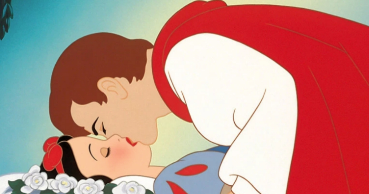 Prince Charming kisses Snow White in the Disney classic animated film
