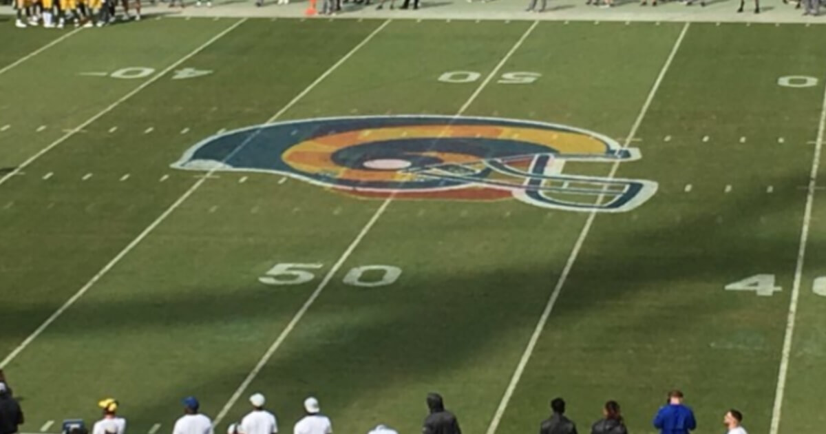 The USC logo was clearly visible underneath the Rams logo Sunday at the Coliseum.
