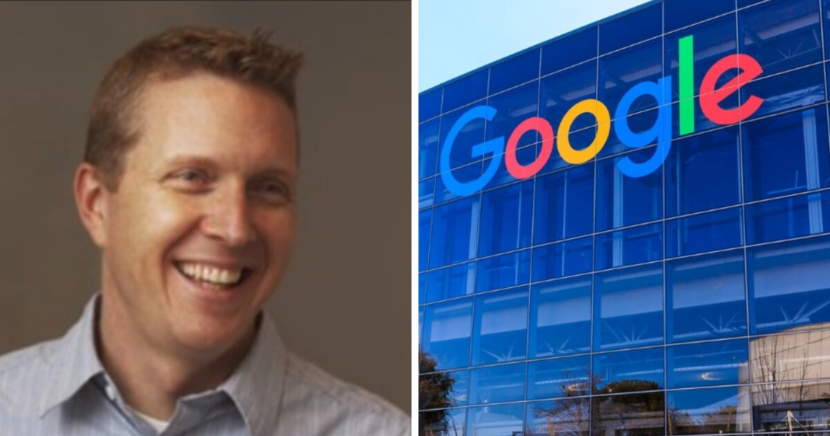 David Hogue alongside a photo of Google's corporate headquarters