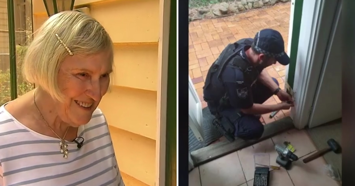 Elderly woman, police fixing door