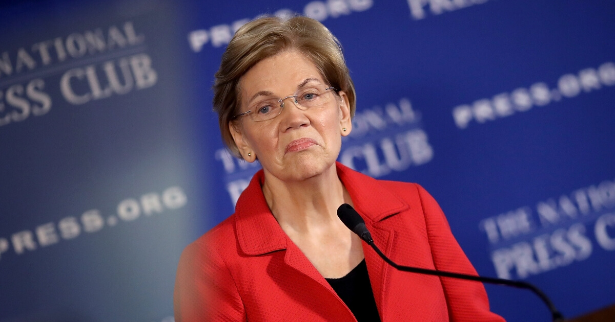 Sen. Elizabeth Warren (D-MA) speaks to members of the press