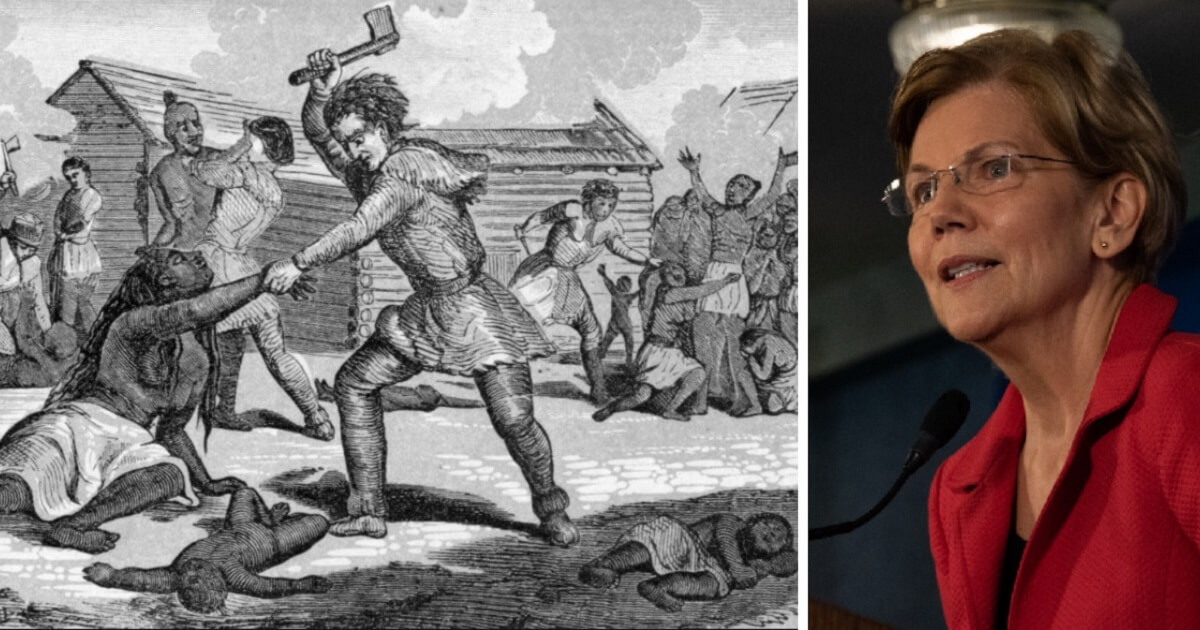 Warren pictured with pictograph of Indian slaughter.
