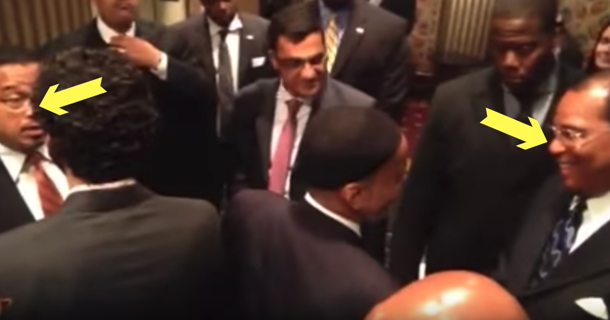 Keith Ellison, far left, stands a short distance away from Louis Farrakhan, far right, during an event believed to have been held no earlier than 2010.