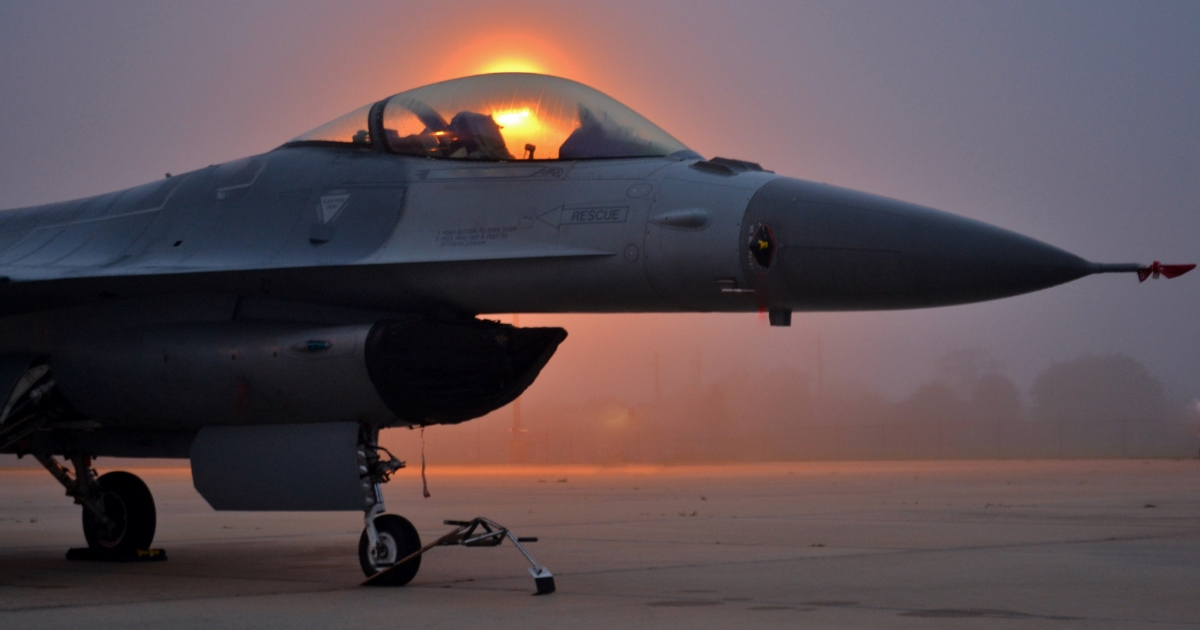 An Air Force F-16 Viper - Fighting Falcon waits on a runway in Melbourne, Florida.