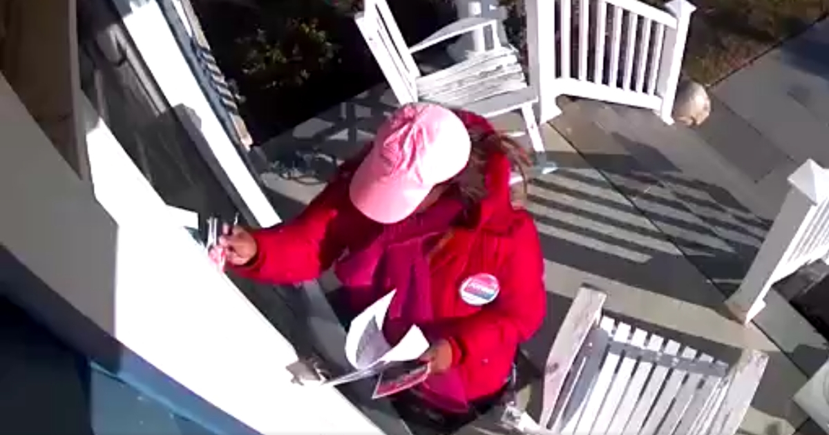 Randy J. Smith of Middletown, Delaware, posted a Facebook update on Sunday including the video apparently showing Democratic state House candidate Monique Johns approach his door and steal a campaign flyer for her Republican opponent.