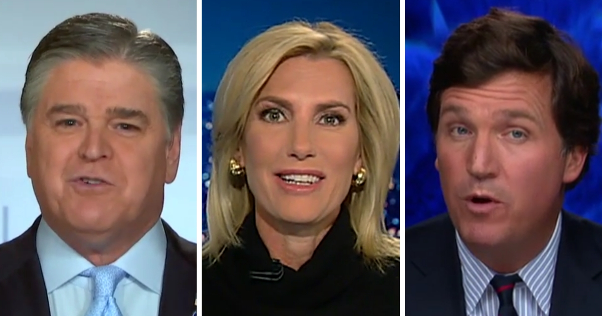 Fox News hosts Sean Hannity, left, and Tucker Carlson, right, had more than 3 million viewers in October, and Laura Ingraham was close to joining them.