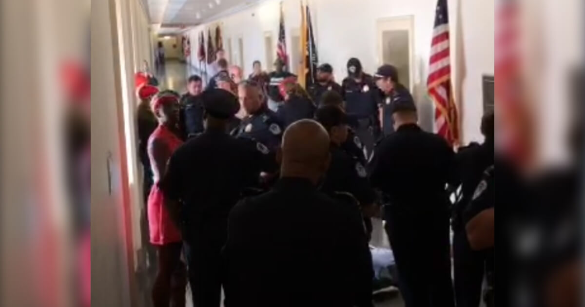 Capitol police officers arrive on the scene after protesters try to force their way into Rep. Andy Harris' office.