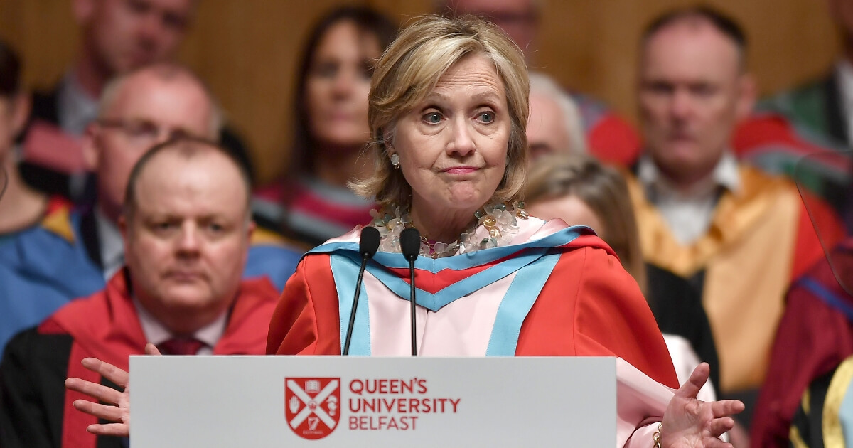 Hillary Rodham Clinton addresses invited members and attendees at Queens University Belfast