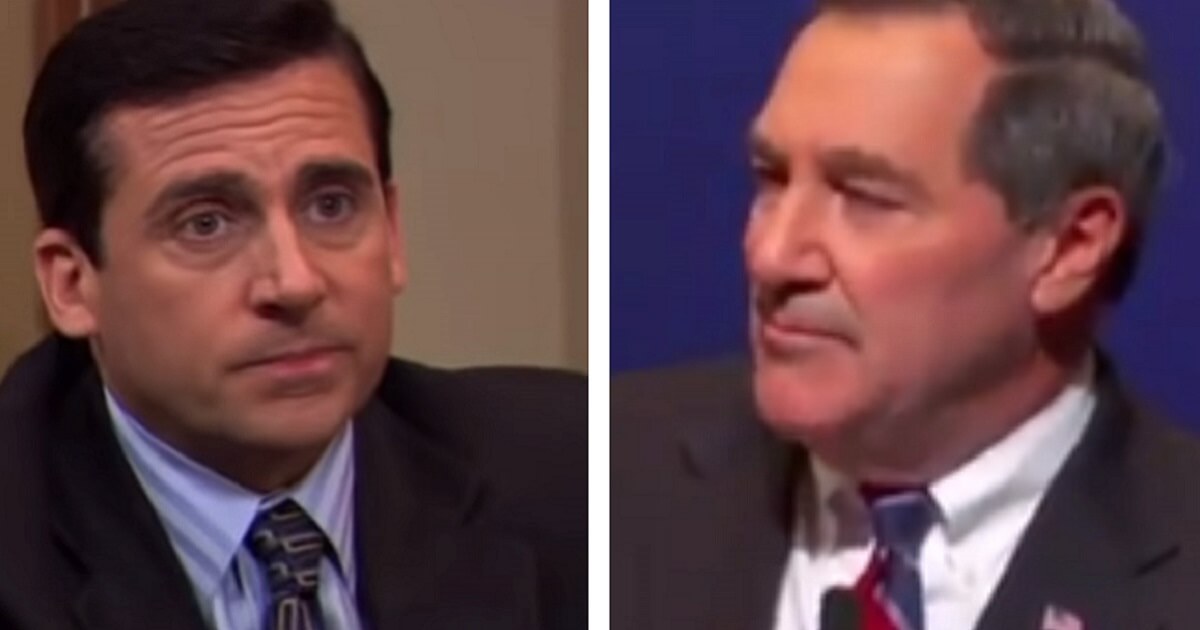 "The Office" character Mike Scott (Steve Carell), left; and Sen. Joe Donnelly, right.