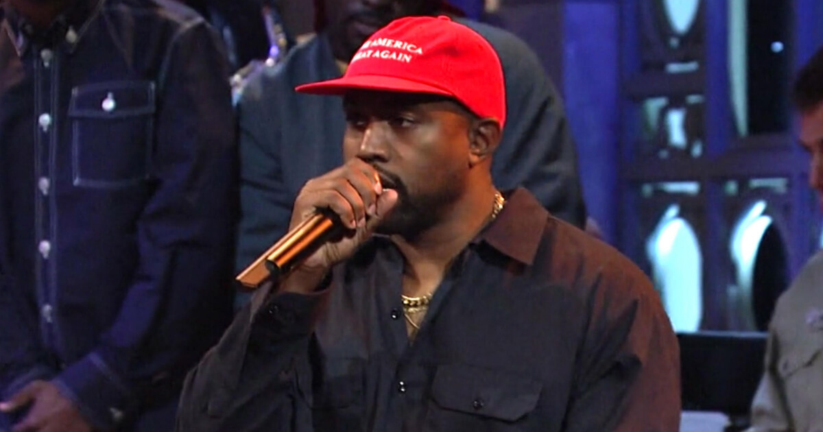 Kanye West wears a "MAGA" hat during his performance on "Saturday Night Live."