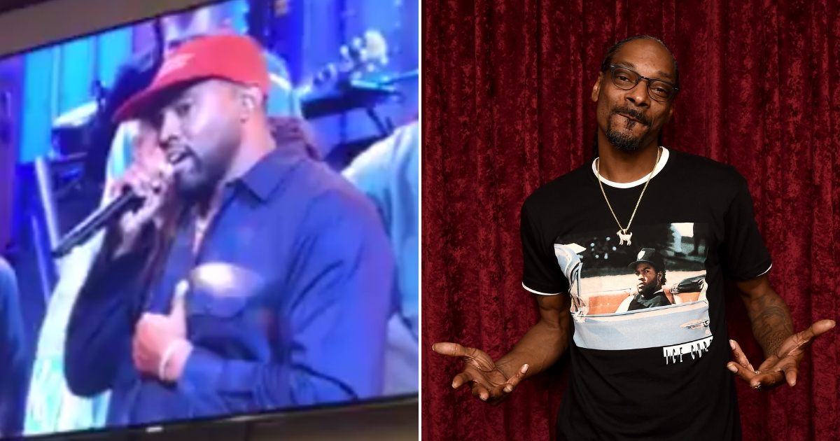 Kanye West on SNL wearing a MAGA hat, left, and Snoop Dogg at SiriusXM Studios.