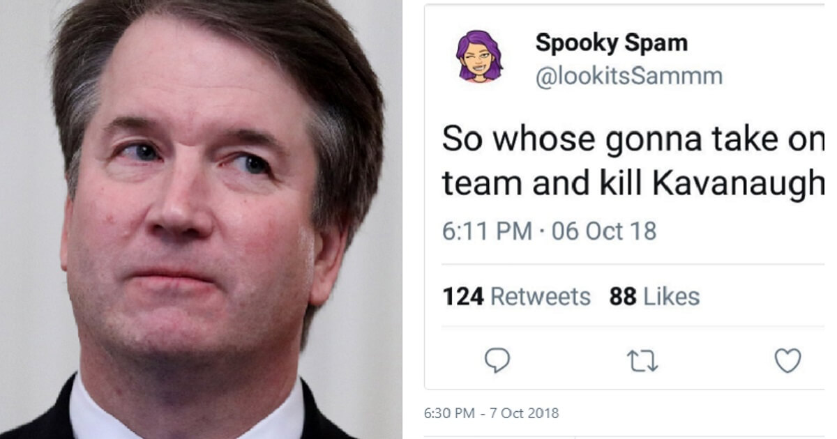Supreme Court Justice Brett Kavanaugh, left, and a twitter post asking someone to kill him, right.