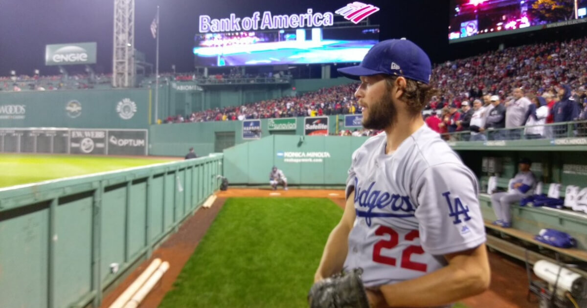 Dodgers pitcher Clayton Kershaw warms up in the visitors bullpen at Boston's Fenway Park