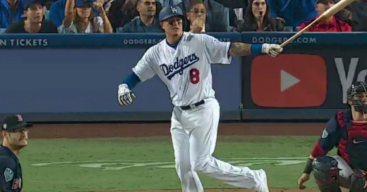 The Dodgers' Manny Machado takes a long look at what turned out to be a single in Game 3 of the World Series.