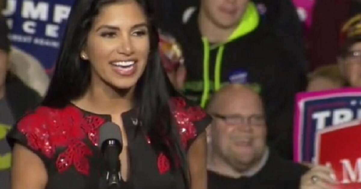 Madison Gesiotto addresses a crowd of Donald Trump supporters