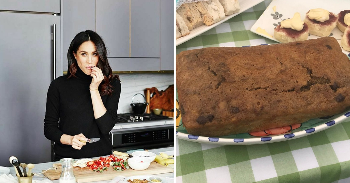 Meghan Markle in the kitchen, left, and a loaf of banana bread, right.