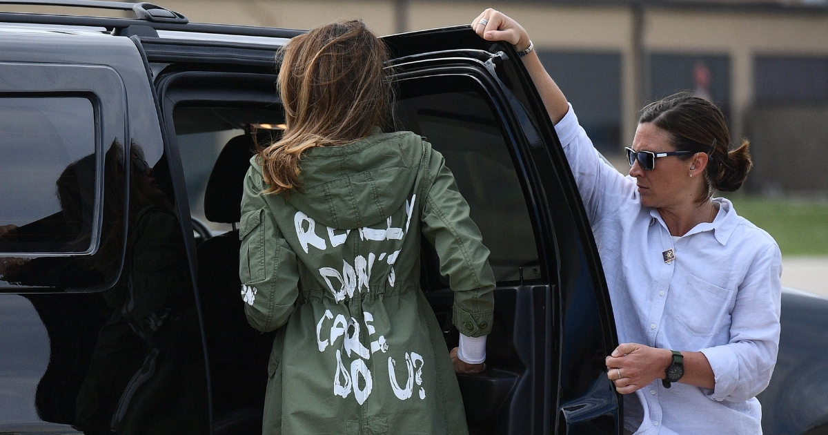 First lady Melania Trump departs Andrews Air Force Base in Maryland on June 21 wearing a jacket emblazoned with the words "I really don't care, do you?"