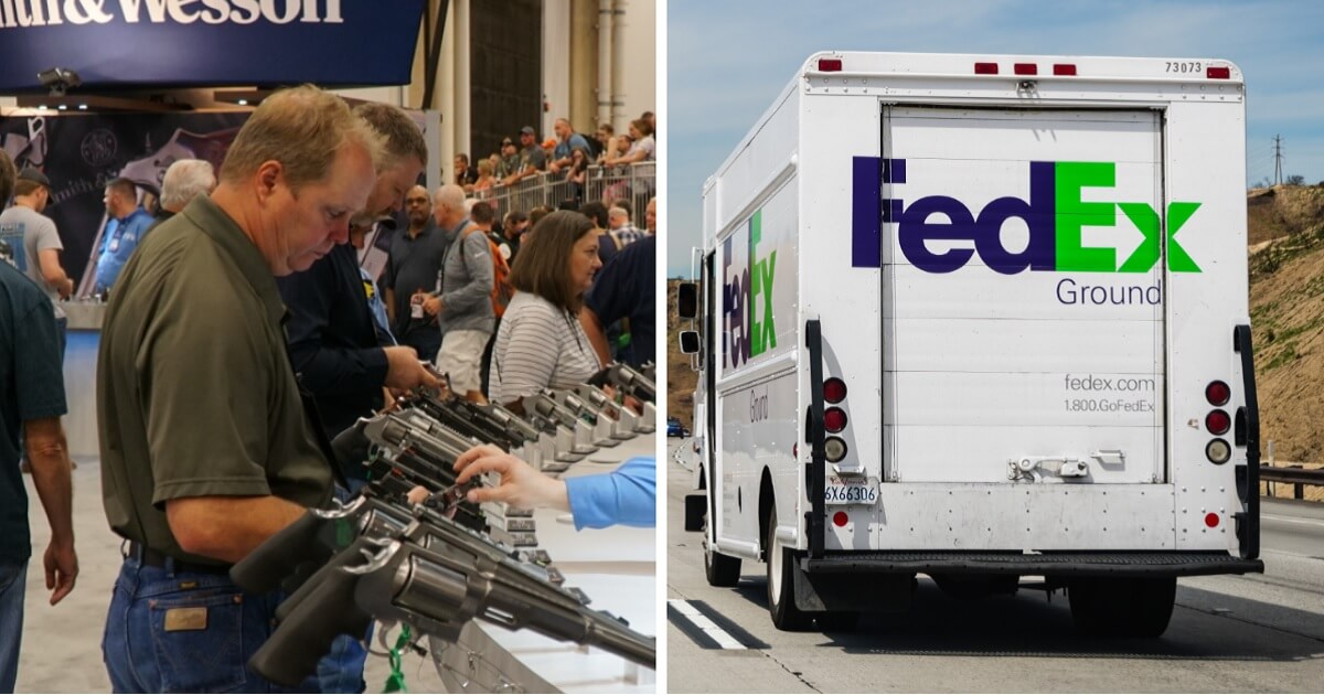 NRA convention scene, left; FedEx truck on a highway, right.