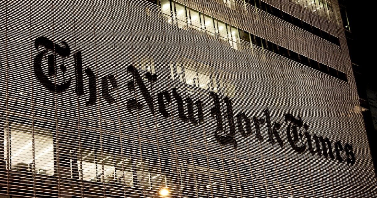 The New York Times building in New York is pictured at night
