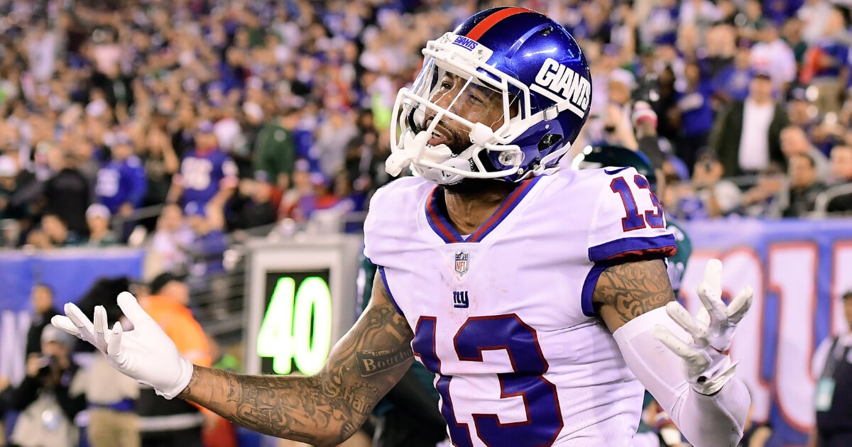 Odell Beckham of the New York Giants looks for a pass interference call from the official in Thursday night's loss to the Philadelphia Eagles at MetLife Stadium in East Rutherford, New Jersey.