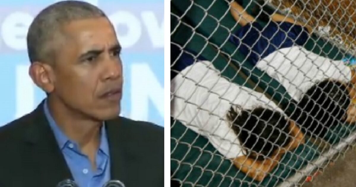 Barack Obama, left; Children in a cage, right.