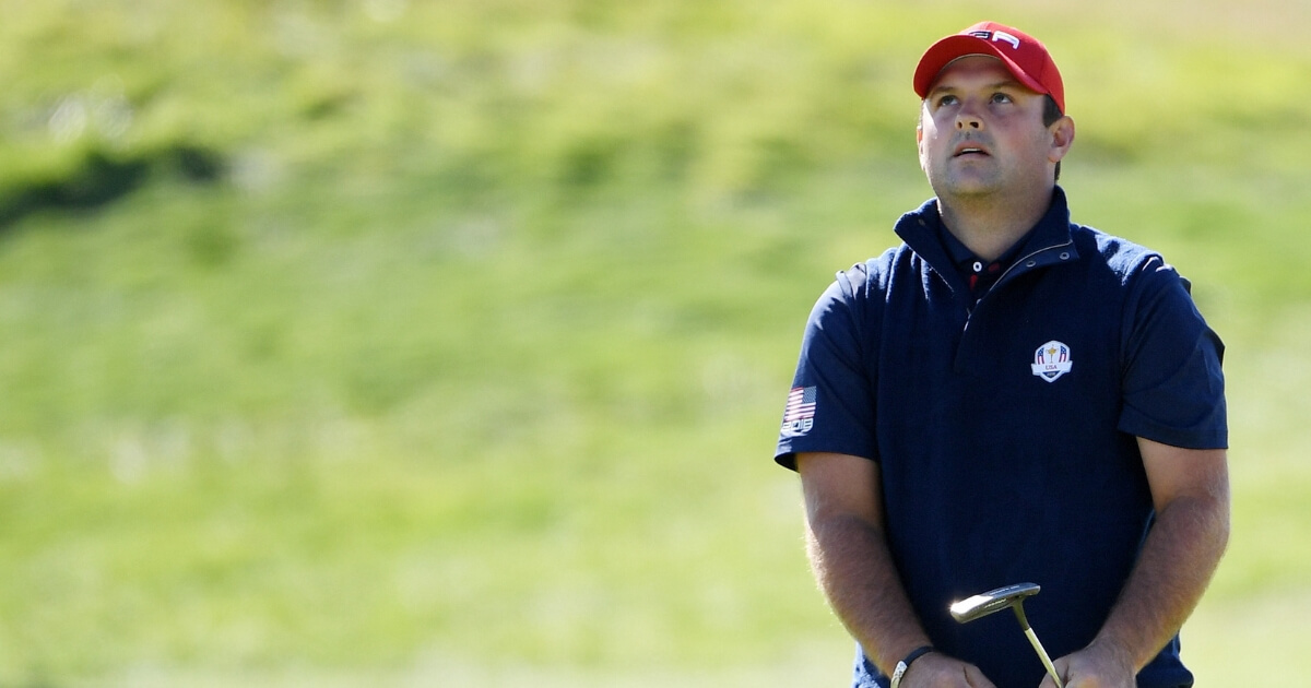 Patrick Reed of the United States reacts to a putt on the second hole during singles matches of the 2018 Ryder Cup at Le Golf National near Paris on Sunday.