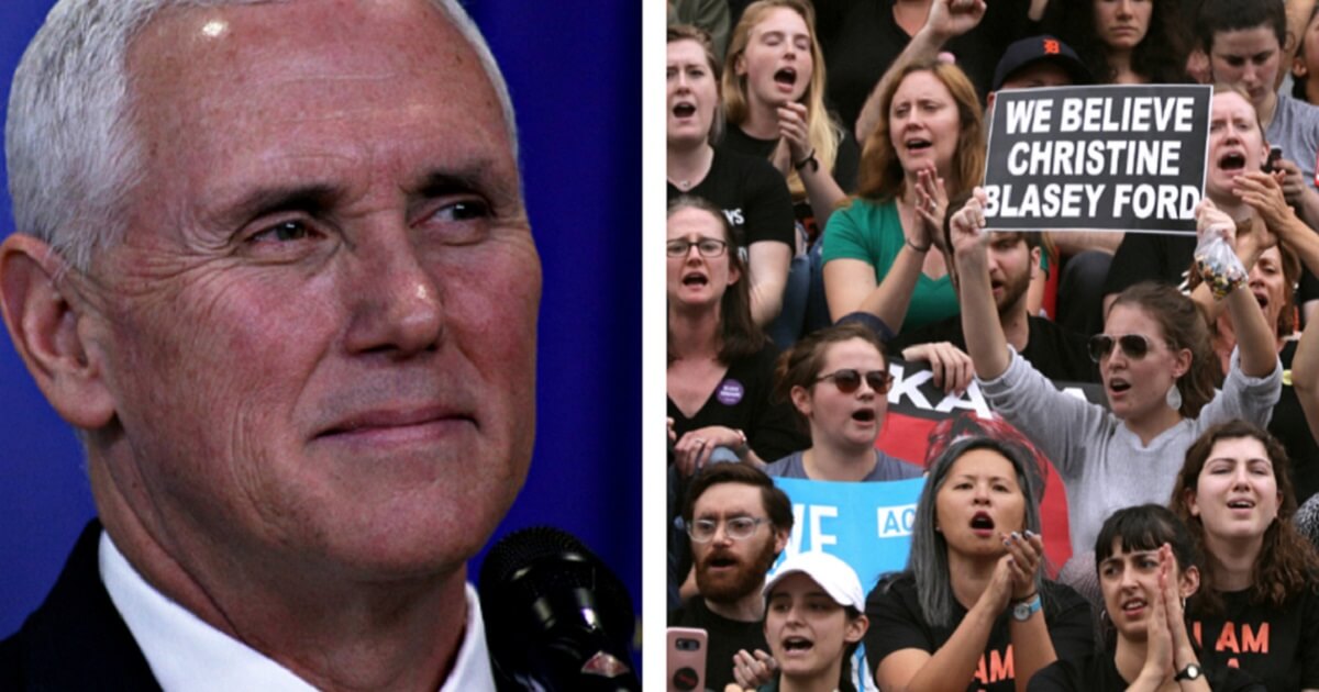 Vice President Mike Pence, left, and a crowd protesting the confirmation of Supreme Court Justice Brett Kavanaugh, right.