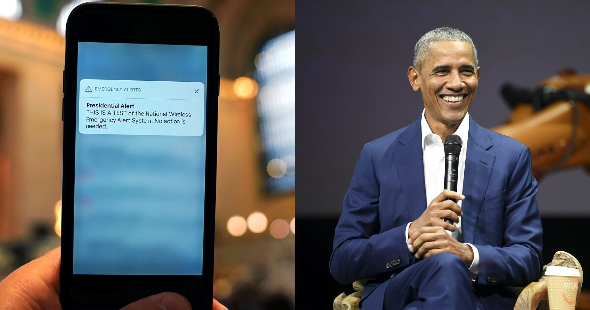 A phone is seen in Grand Central Station in New York City on October 3, 2018, as they recieve an emergency test 'Presidential alert' message, left. Barack Obama attends a business seminar in Finland, right.