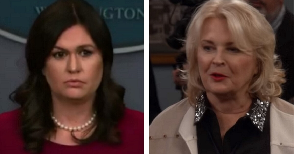 Sarah Sanders, left, and Candice Bergen as sitcom character Murphy Brown, right.