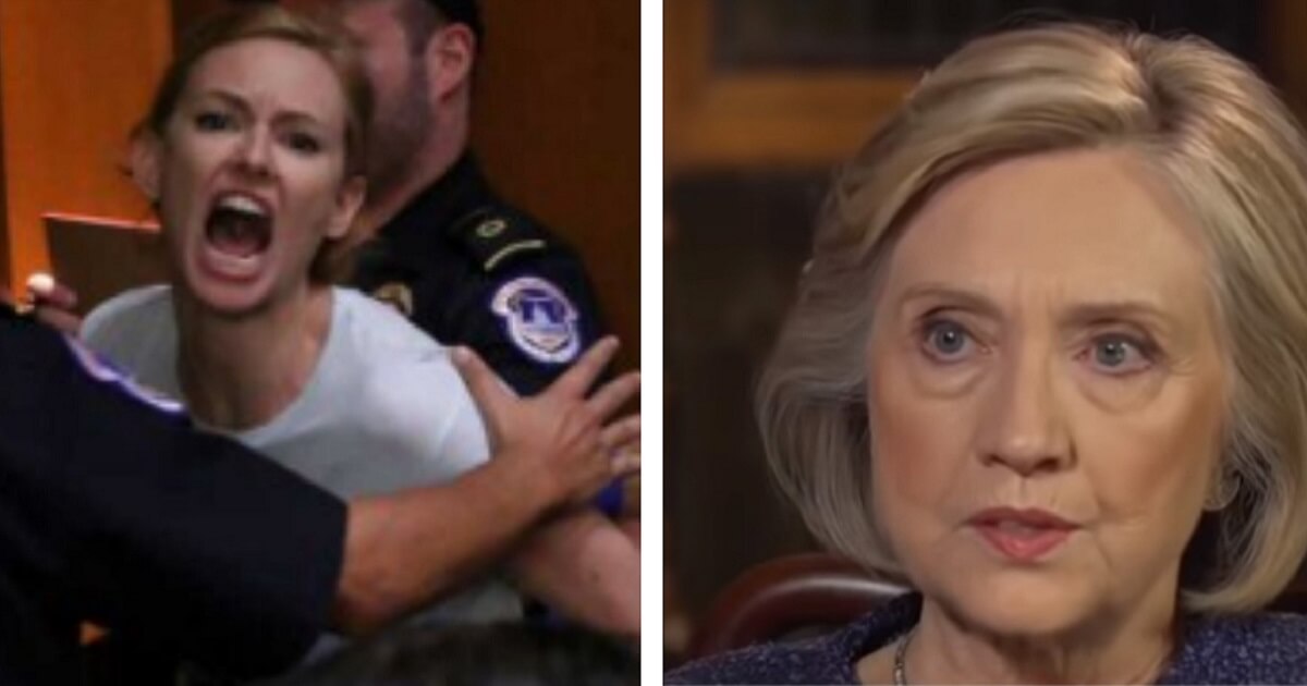 Woman screaming at Kavanaugh confirmation hearing, left; Hillary Clinton, right.