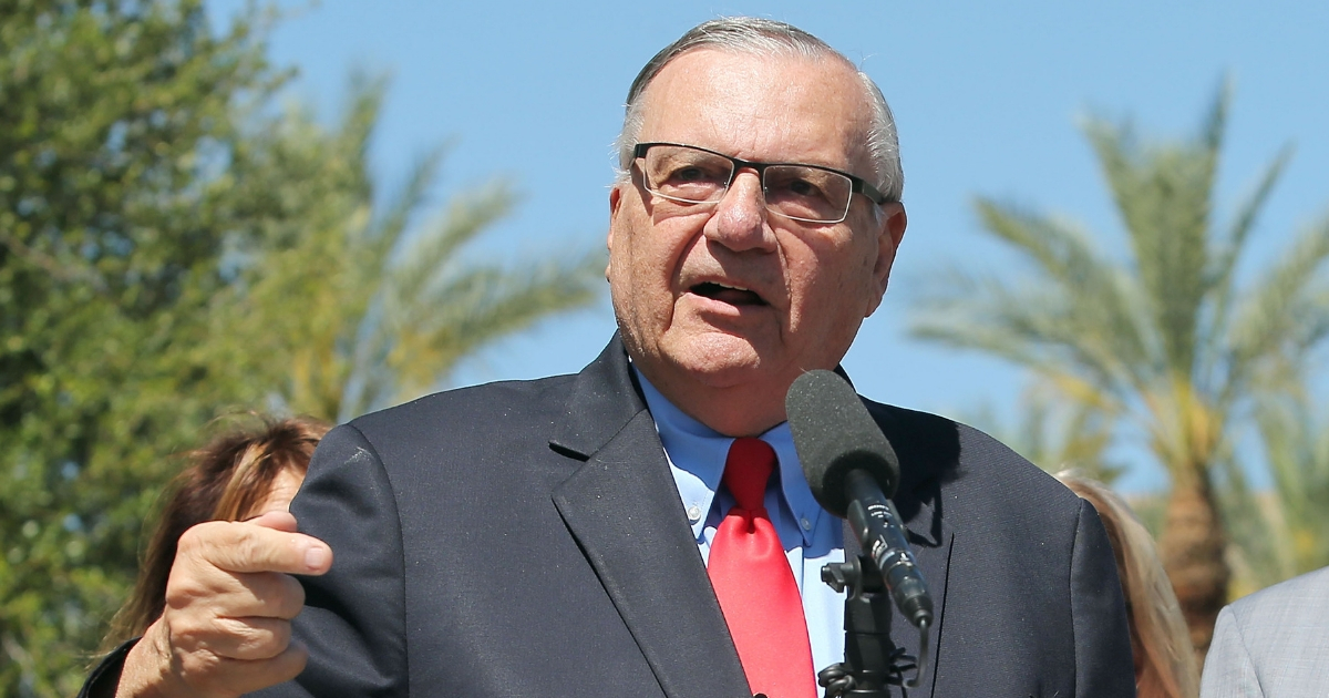 Former Maricopa County Sheriff Joe Arpaio speaks to the media in front of the Arizona State Capitol before filing petitions to run for the U.S. Senate on May 22, 2018, in Phoenix, Arizona.