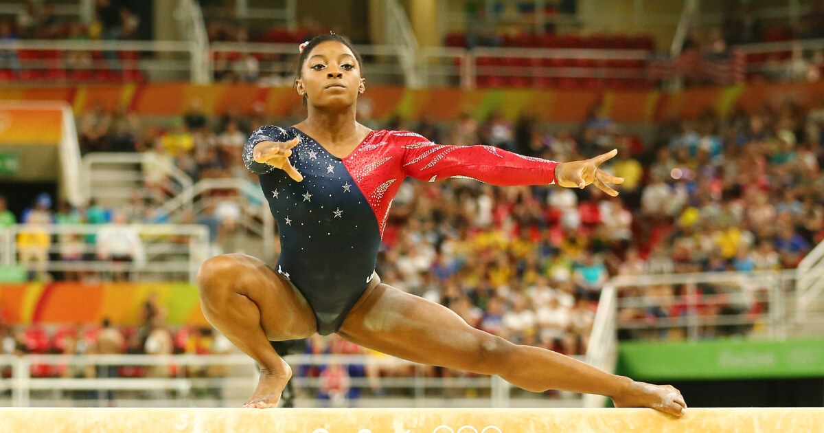 Simone Biles during balance beam competition at the 2016 Olympics.