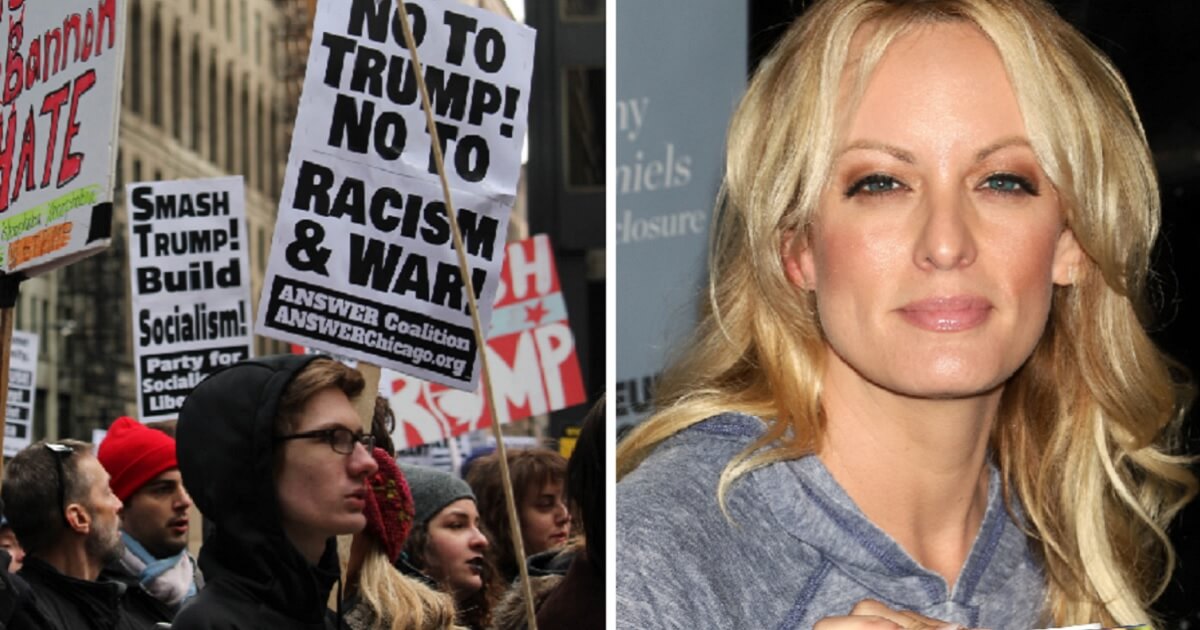 Anti-Trump protesters, left; Stormy Daniels, right.