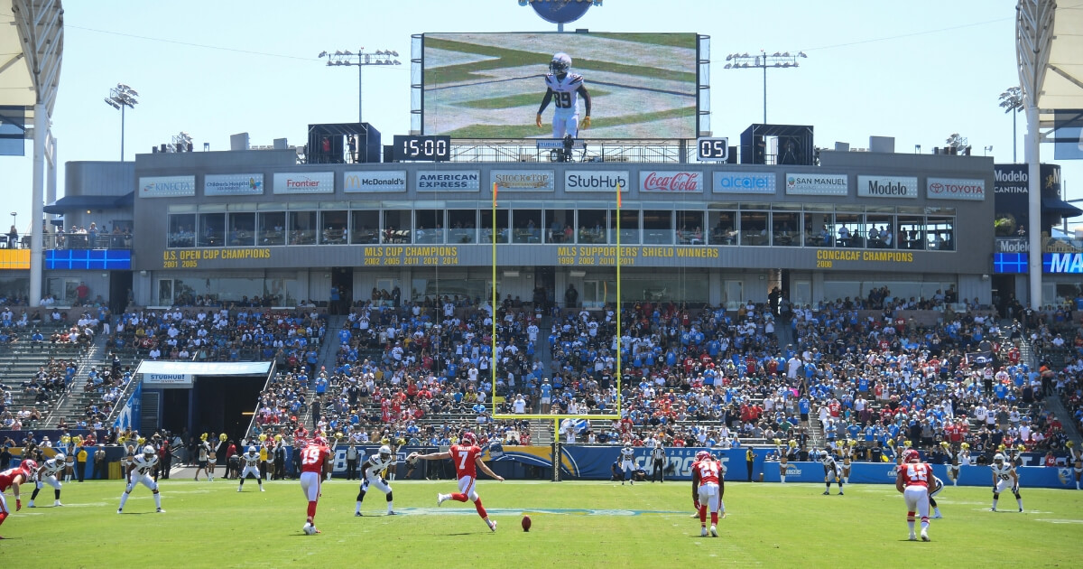 Harrison Butker of the Kansas City Chiefs kicks off against the Los Angeles Chargers at StubHub Center in Carson, California, on Sept. 9.