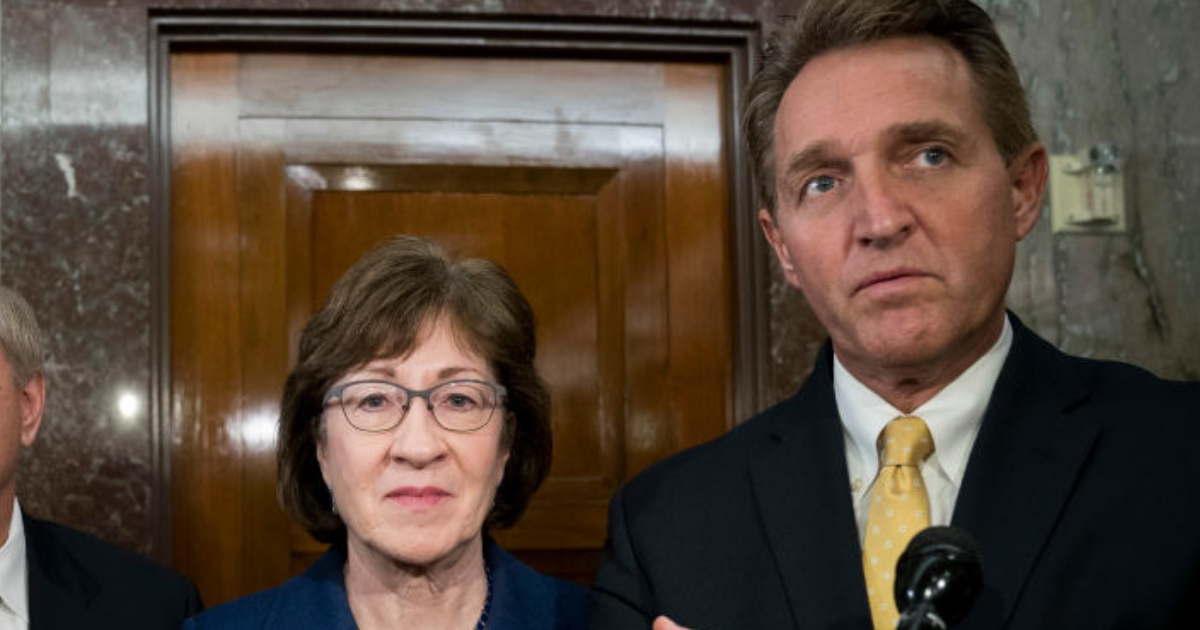 Republican Sens. Susan Collins of Maine, left, and Jeff Flake of Arizona meet with reporters on Capitol Hill.