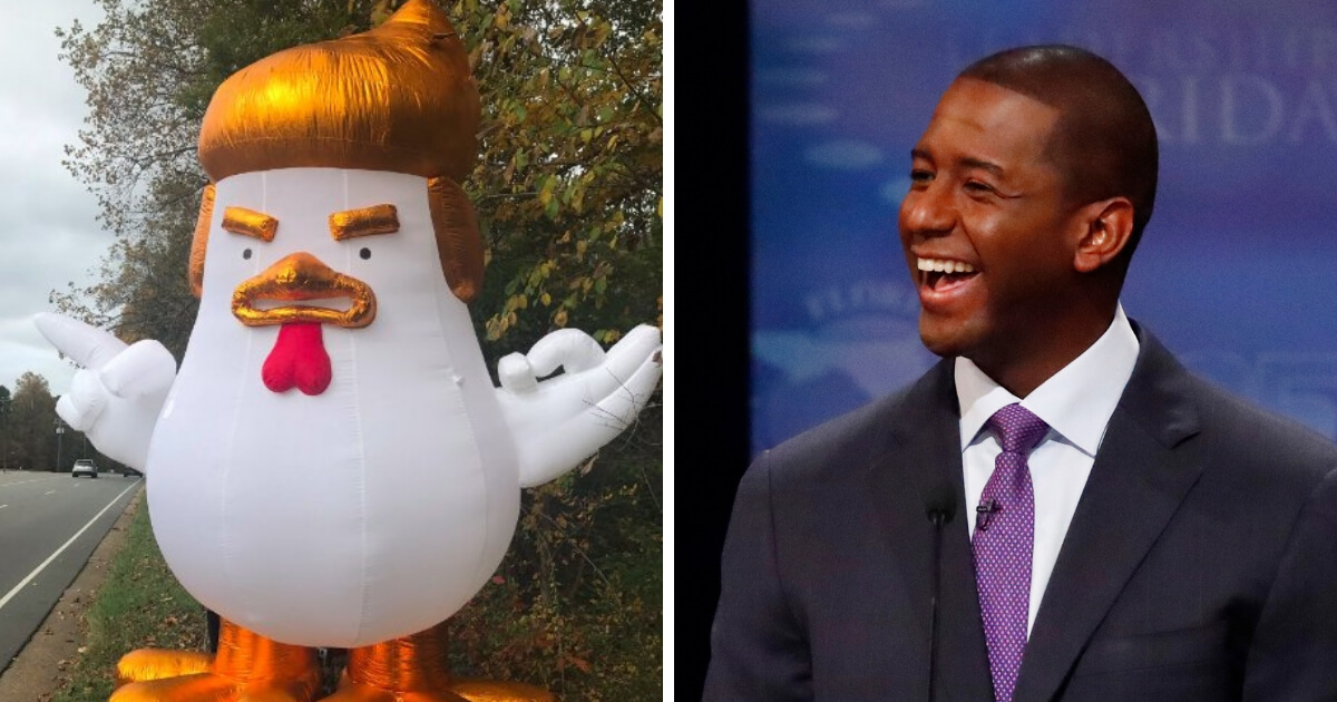 The Democrats tried to send an inflatable Trump Chicken, left, to support Florida gubernatorial candidate Andrew Gillum, right, in his debate with Republican Ron DeSantis at Broward College, but things didn't go as planned.