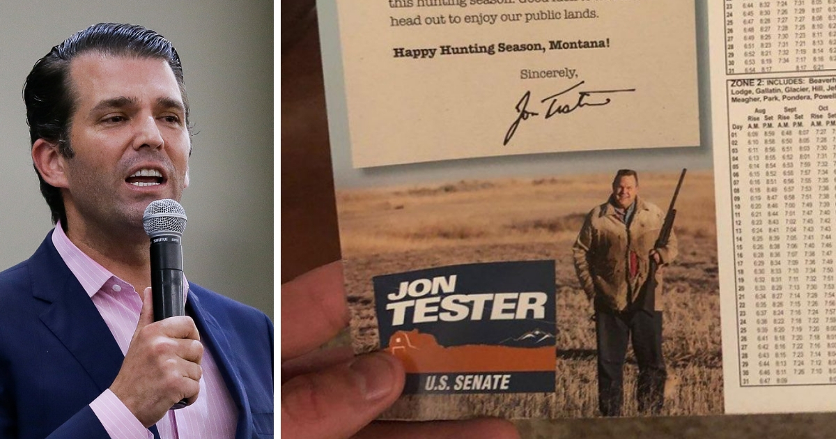 Donald Trump Jr., left, criticized Democratic Sen. Jon Tester of Montana as a "phony" for a campaign flier depicting him holding a gun.